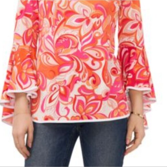 Sam and Jess 70's Vibes Orange & Pink Flower Power Paisley Bell Sleeve Blouse - Picture 3 of 12
